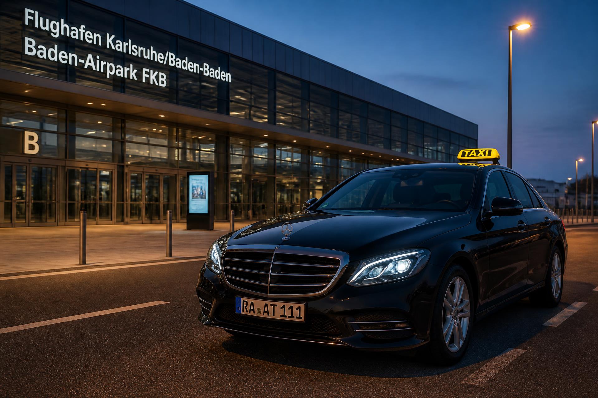 Schwarze Mercedes-Benz E-Klasse als Taxi vor dem Terminal am Flughafen Karlsruhe/Baden-Baden